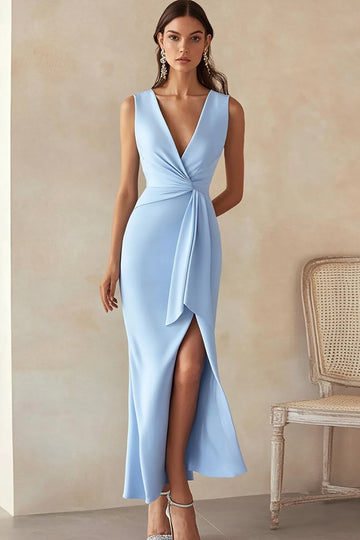 Blue Sheath V-Neck Formal Dress with Slit